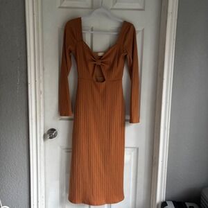 Altard State Ribbed Knit Bodycon Midi Dress Long Sleeve minimalist Rust Orange S